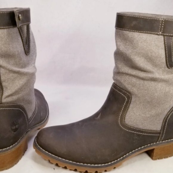 TIMBERLAND WOMEN BOOTS BROWN LEATHER GRAY CANVAS MOTORCYCLE COMBAT BOOTS SZ 7.5 - Picture 5 of 9